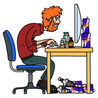 😫 cartoon, desk, computer, energy drink, stressed, working, office, tired telegram sticker