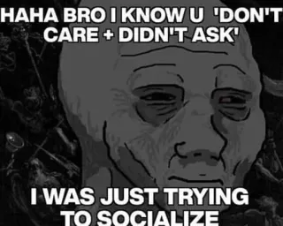 😔 HAHA BRO I KNOW U 'DON'T
CARE + DIDN'T ASK'
I WAS JUST TRYING
TO SOCIALIZE Мем, Общение, Вояк, Юмор, Интернет whatsapp sticker