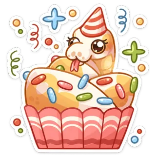 🥳 schlange, cupcake, party, geburtstag, feier, cartoon telegram sticker