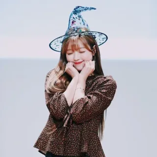 🗝 witch hat, girl, cute, hat, brunette, smiling, floral, blouse telegram sticker