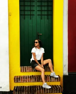 ❤ woman, yellow door, sunglasses, fashion, portrait telegram sticker