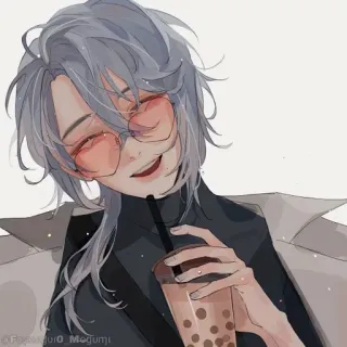 💠 @fuzugiu.o_megumi anime, illustration, character, boba, person, glasses, casual, smiling whatsapp sticker