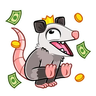 🤑 zarigüeya, dinero, oro, corona, animal, dibujos animados whatsapp sticker