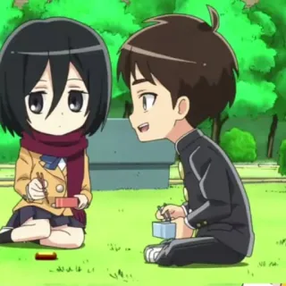 🕶 Mikasa Ackermann, Eren Yeager Attack on Titan Anime, Chibi, Lunch, Eten telegram sticker