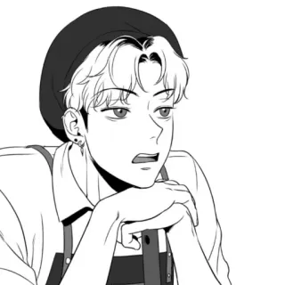 😒 Manhwa, Homem, Boina, Brincos, Retrato, Esboço telegram sticker