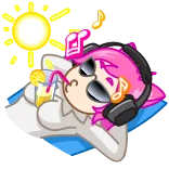 😎 漫画, 太陽, 飲み物, ヘッドホン, ピンクの髪, リラックス, 夏 telegram sticker
