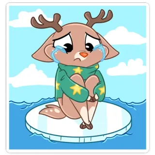 😭 เศร้า, ร้องไห้, กวาง, การ์ตูน, น้ำแข็ง, น้ำ, สัตว์, กวางเรนเดียร์ telegram sticker