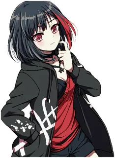 🤔 anime, chica, pelo oscuro, ojos rojos, sudadera con capucha, linda, dibujos animados telegram sticker