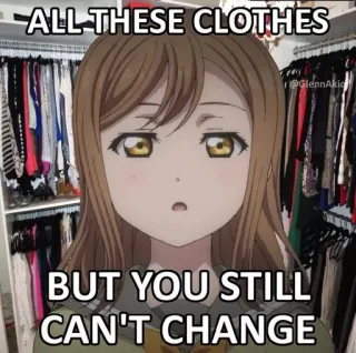 😒 ALL THESE CLOTHES BUT YOU STILL CAN'T CHANGE anime, clothes, wardrobe, meme, clothing, funny, closet telegram sticker