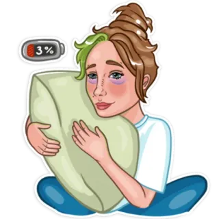 😒 3% fatigué(e), épuisé(e), sommeil, batterie faible, femme, oreiller telegram sticker