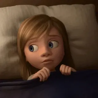 🤖 Riley Andersen Inside Out cartone animato, animazione, ragazza, letto, spaventato/a, personaggio telegram sticker