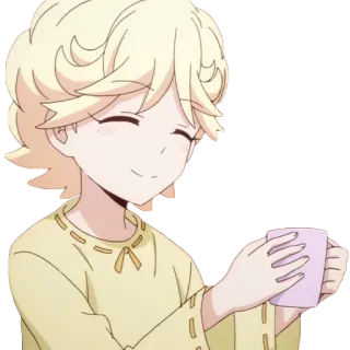 🍵 Anime, Rubio/a, Taza, Personaje, Sonriendo, Dibujos animados telegram sticker