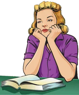 🤔 femme, lecture, livre, illustration, rétro, vintage, ennuyé, école telegram sticker