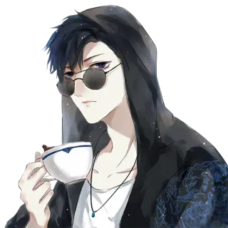 ☕️ anime, cartoon, glasses, man, hoodie, cup, character telegram sticker