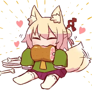 😋 Anime, Chibi, Mignon, Renard, Manger, Viande, Nourriture, Kawaii telegram sticker