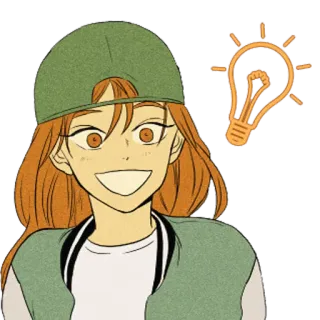 💡 ผู้หญิง, การ์ตูน, ไอเดีย, หลอดไฟ, หมวก, ยิ้ม, อนิเมะ, มังงะ telegram sticker
