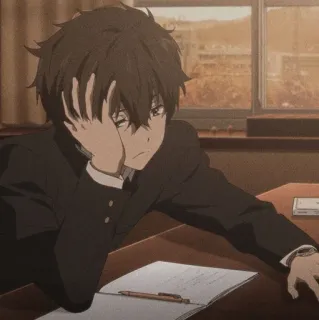 〰️ anime, schoolboy, bored, sitting, desk telegram sticker