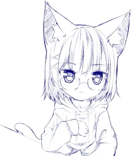 👓 gadis anime, telinga kucing, kacamata, imut, sketsa, gambar telegram sticker