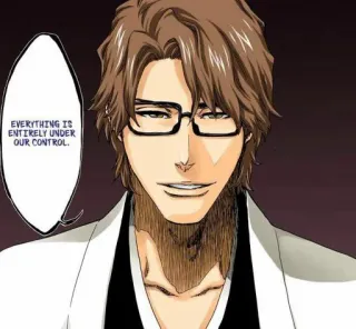 💜 Sosuke Aizen Bleach EVERYTHING IS ENTIRELY UNDER OUR CONTROL. アニメ, マンガ, 悪役, 眼鏡, ニヤリ telegram sticker