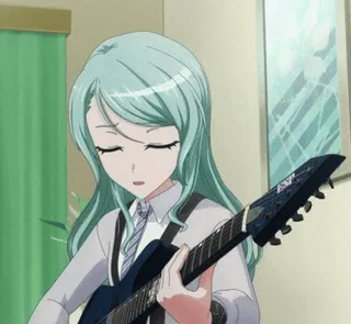 😔 chica anime, guitarra, música, uniforme escolar, personaje, animación, pelo azul whatsapp sticker