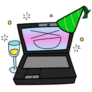 😂 ноутбук, вечеринка, компьютер, праздник, напиток, шляпа, мультфильм whatsapp sticker