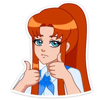 👍 dessin animé, pouce levé, animé, fille, cheveux roux, autocollant telegram sticker