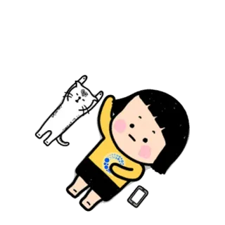 ☺ 漫画, 猫, 女の子, 横たわる, 携帯電話, かわいい telegram sticker
