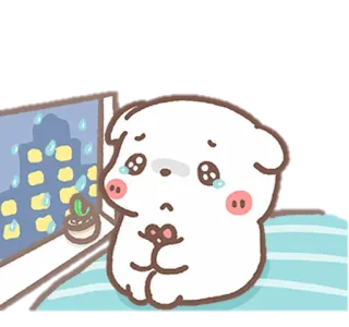 🧺 sad, puppy, crying, rain, window, plant, lonely, cartoon whatsapp sticker
