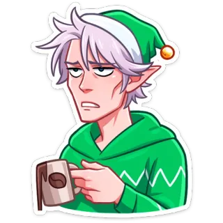 ☕️ elf, slaperig, cartoon, personage, groen, hoodie, koffie, moe, wit haar telegram sticker