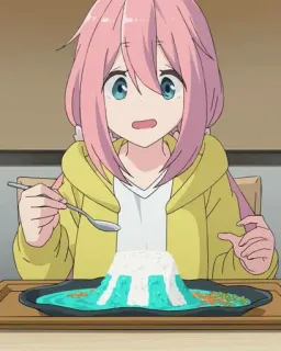 😕 Nadeshiko Kagamihara Yuru Camp Аниме, Милая, Девочка, Ест, Еда, Yuru Camp, Надэсико Кагамихара telegram sticker