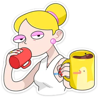 ⭐ Hoạt hình, Phụ nữ, Tóc vàng, Cà phê, Đang uống, Buồn ngủ telegram sticker