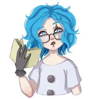 🤓 blauw haar, bril, boek, handschoenen, cartoon, personage, portret telegram sticker