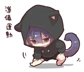 🐈‍⬛ 準備運動 Anime, Gato, Moletom com capuz, Cabelo roxo, Chibi whatsapp sticker