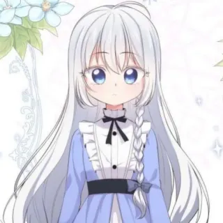 🎐 アニメ 女の子, 漫画, 白い髪, 青い目, 可愛い, ドレス, 三つ編み telegram sticker