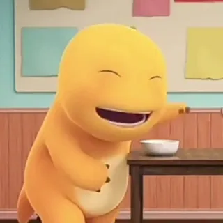 🦖 Dibujo animado, Personaje, Naranja, Sonriendo, Mesa, Tazón telegram sticker