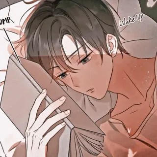 🦔 Wake Up Styl anime, Mężczyzna, Książka, Łóżko, Śpiący, Czytanie, Zmęczony telegram sticker