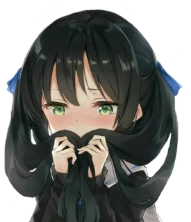 😕 สาวอนิเมะ, น่ารัก, ภาพเหมือน, ตาสีเขียว, ผมสีดำ, อนิเมะ telegram sticker