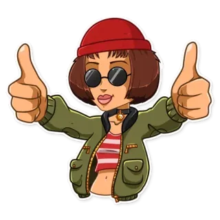 👍 cartone animato, donna, giacca, cappello, occhiali da sole whatsapp sticker