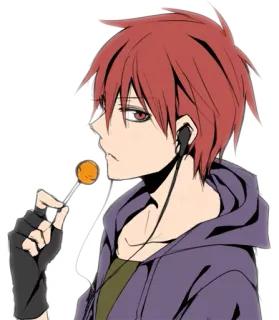 😒 anime, pelo rojo, piruleta, auriculares, guantes telegram sticker