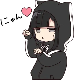 👣 にゃん 애니메이션, 카와이, 고양이 귀, 후드티, 하트, 귀여운, 고양이, 소녀 telegram sticker
