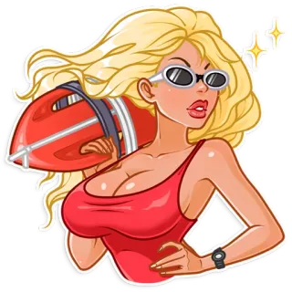 😎 socorrista, mujer, rubia, gafas de sol, traje de baño rojo, dibujo animado whatsapp sticker