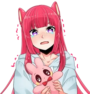 🥺 Аниме, Девочка, Кошачьи уши, Розовые волосы, Плачет, Кукла whatsapp sticker