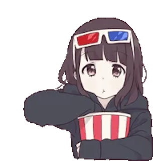 🍿 Ragazza anime, Occhiali 3D, Popcorn, Carino, Cartone animato telegram sticker