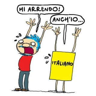 🦶 MI ARRENDO! ANCH'IO... ITALIANO Poddanie się, Włoski, Kreskówka, Śmieszne, Komiks telegram sticker