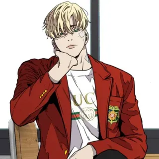 🍸 Anime, Manga, Personaje, Pelo rubio, Blazer rojo, Moda whatsapp sticker