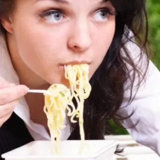 🥞 woman, eating, noodles, food, lunch, dinner telegram sticker