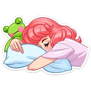 😴 dormir, lindo, chica, anime, almohada, rana, kawaii, soñando whatsapp sticker