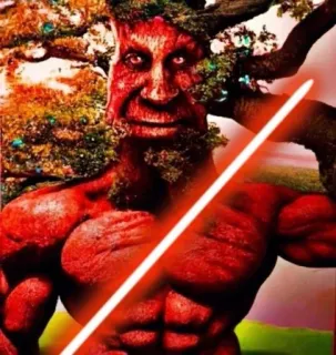 😏 Ent The Lord of the Rings ent, tree creature, lightsaber, sci-fi fantasy crossover, fantasy, red character, muscular tree, surreal art telegram sticker