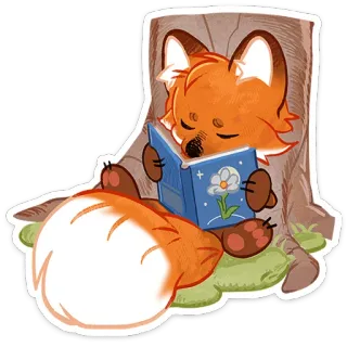 🦊 zorro, animal, leyendo, libro, lindo, dibujos animados, árbol, naturaleza telegram sticker