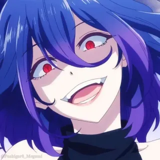 🤍 yoshigari_Megami Anime, Mädchen, blaue Haare, rote Augen, Lächeln telegram sticker